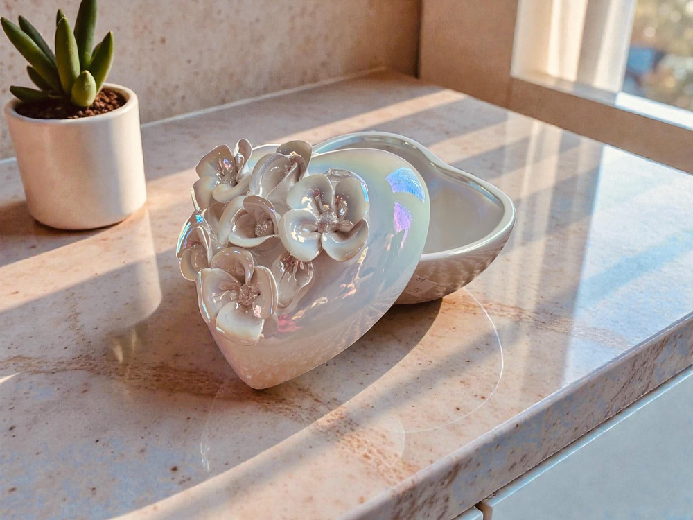 Iridescent Heart Trinket Box - Ceramic Rose Top Jewelry Box Heart Shape
